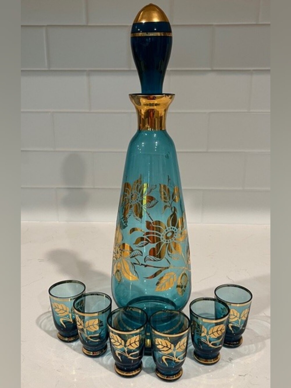 Vintage MCM Bohemian Blue & Gold Gilded Liquor Decanter Set With 6 Glasses